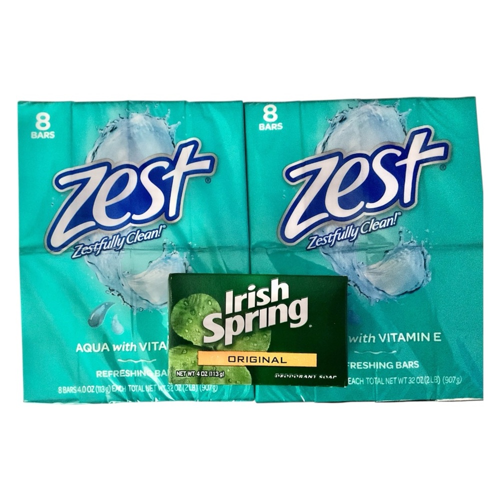 New ZEST Aqua w/Vit E Refreshing Bars x16 & 1 Bar IRISH SPRING Original Soap